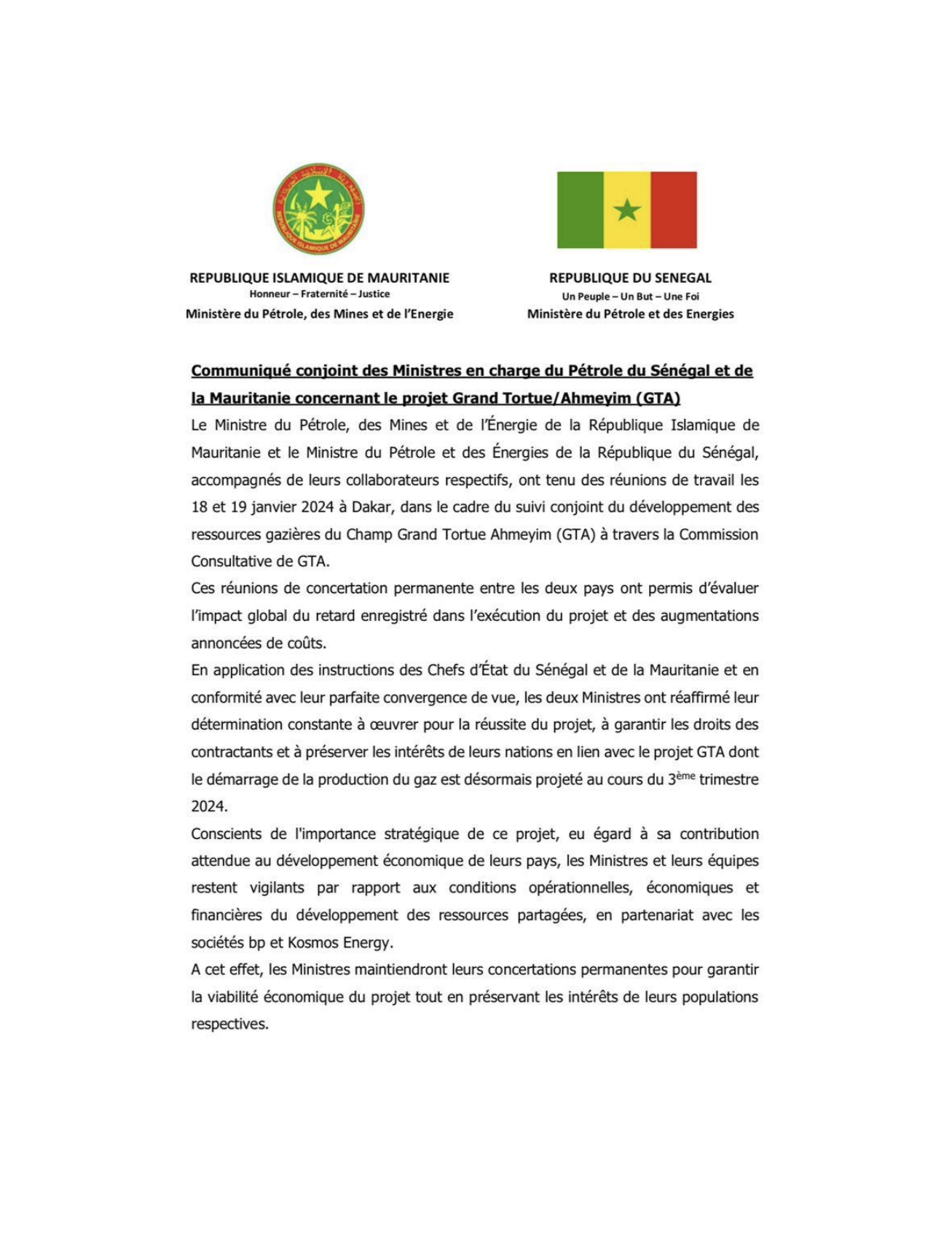 Communiqué Conjoint des Ministres en charge du Pétrole du Sénégal et de la Mauritanie